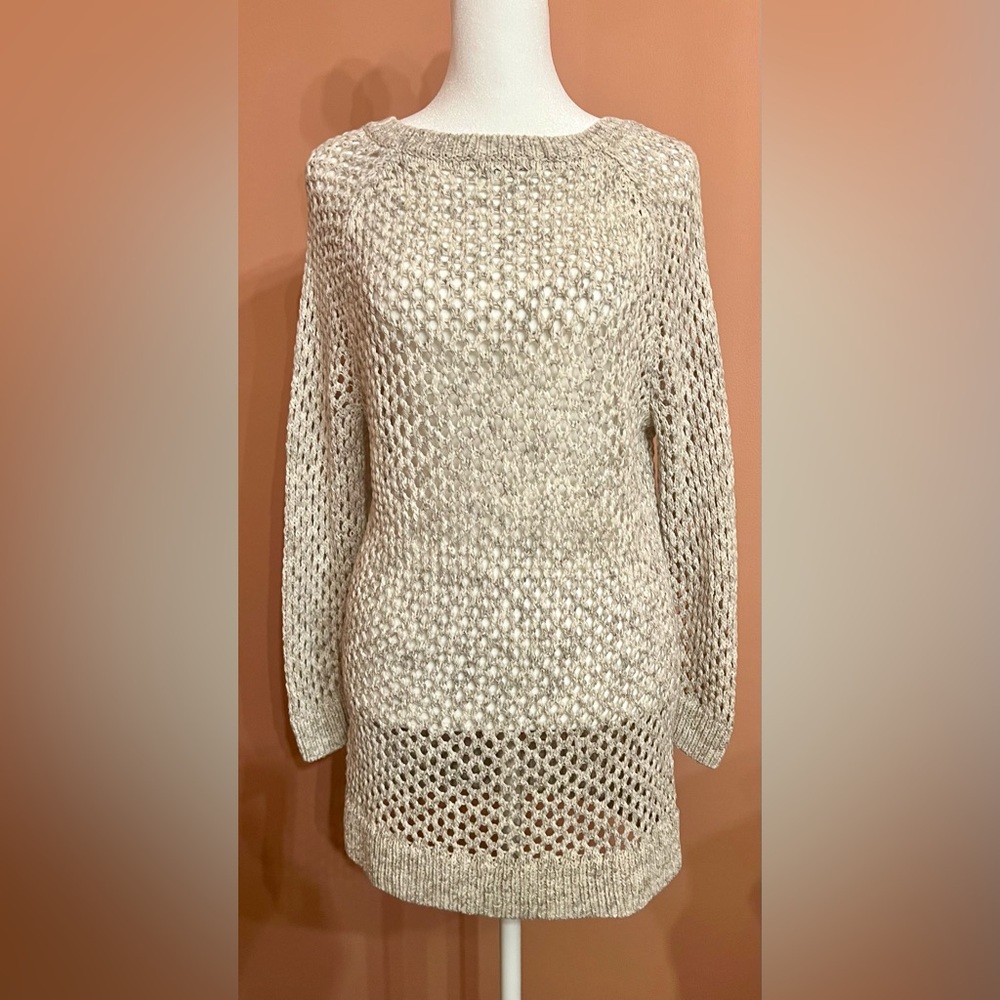 GAP Women’s Lg Loose/Open-knit Pullover Long Sweater heathered gray & cream NWOT